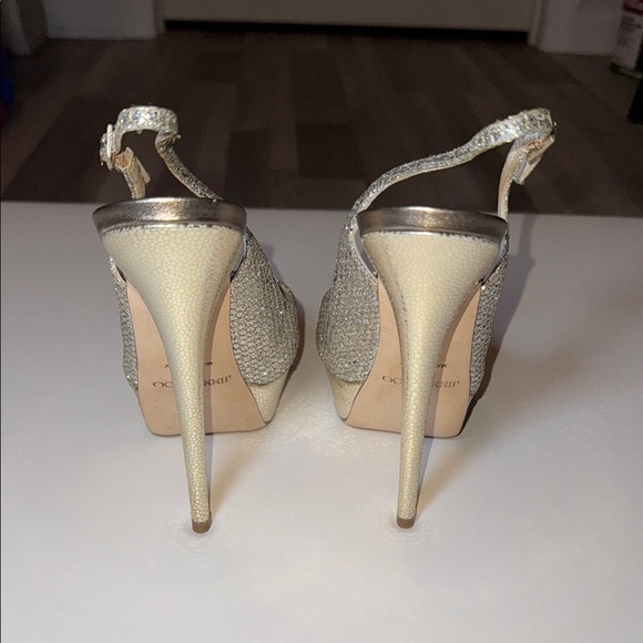 Jimmy Choo Glitter Fabric Champagne Peep Toe Sling Back Heel Size 37 Authentic - Picture 4 of 16